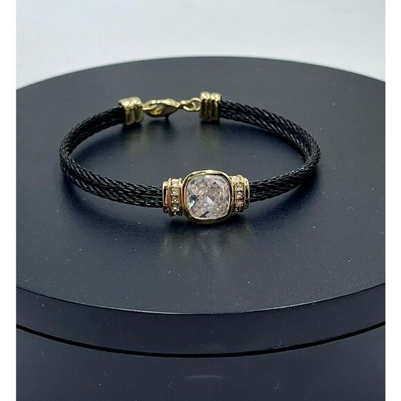 Black Stainless Steel Twisted Cable Bangle Sparkling Faceted  Cushion Cut CZ - Picture 2 of 8